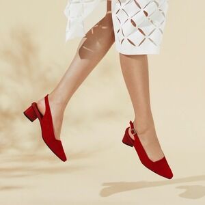 Vivaia Slingback Block Heel Knit Pointed Toe Pumps Red Shoes‎ Size EU/37 US/6.5